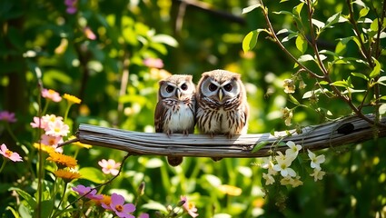 "Adorable Eastern Screech Owls Perched on a Wooden Branch in a Lush Green Garden"