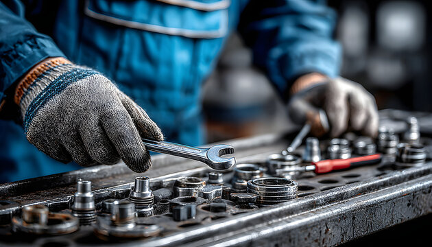 Mechanic in blue uniform repairs car engine on gray concrete floor. Technician uses wrench and screwdriver to diagnose engine issues. Various car parts and tools on workbench.