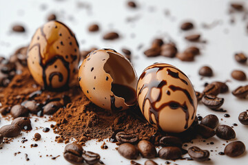 Easter eggs decorated with chocolate drizzle rest among rich coffee grounds and scattered beans - Generative AI