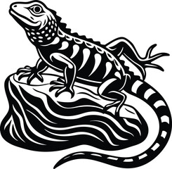 Intricate Black and White Reptile on Rock Vector Graphic Illustration