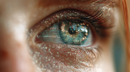 Close-up of a Sparkling Eye Reflecting Glowing Lights