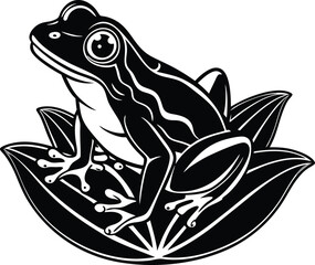Vector Graphic of a Frog on a Lily Pad in Black and White