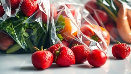 Vibrant Close-Up of Red Fruits and Vegetables in Plastic Bags