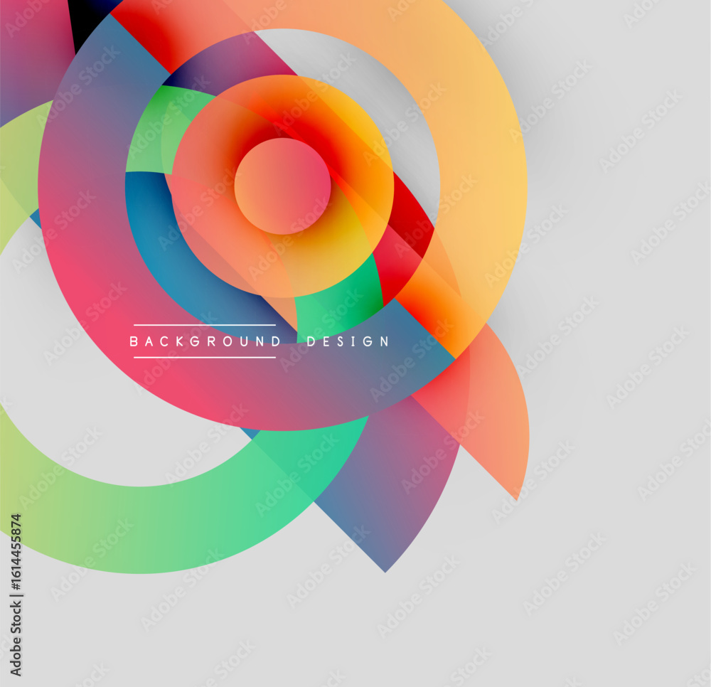 Poster abstract colorful layers create dynamic circular design. gradient hues blend, forming modern visual 