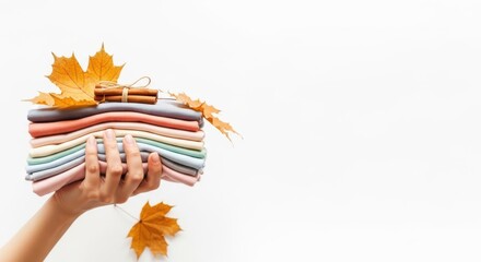 Obraz premium Hand Holding Neatly Folded Multicolored Fabric with Autumn Leaves on White Background