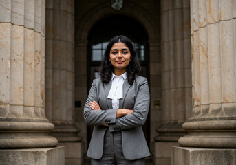 Confident young Indian female laaw student standing with arms crossed in front of a courthouse with large pillars