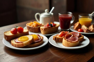 Delicious breakfast spread with toast eggs bacon and juice