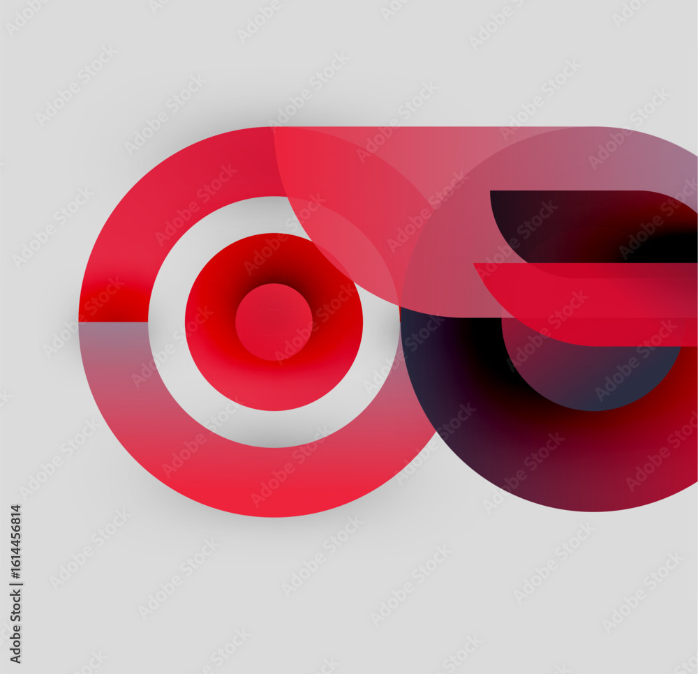 Poster abstract design features layered red shapes. circular element dominates left side, rectangular forms