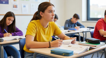 Obraz premium Focused Student in Bright Classroom: A teenage girl diligently takes notes showcasing attentive learning amidst classmates in a well-lit classroom.