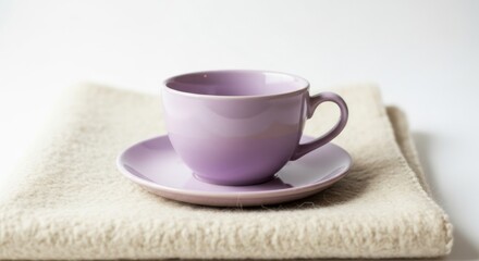 Lavender Cup and Saucer on Soft Beige Cloth in Bright Minimalist Setting