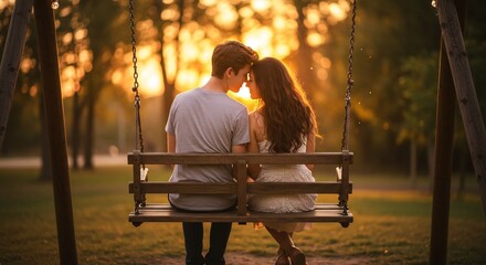 夕日輝く公園ブランコ 温かい恋人二人 幸せな時間. AI Generated