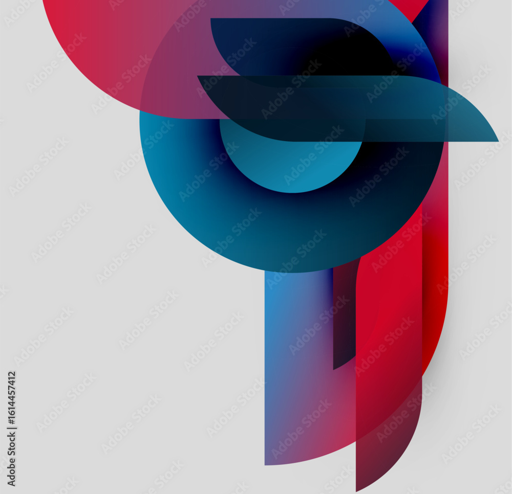 Poster abstract composition. overlapping shapes create dynamic visual effect. red, blue hues dominate neutr