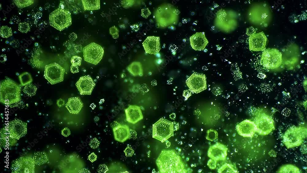 Poster dynamic timelapse footage of neon lime urate crystals progressively crystallizing and expanding with