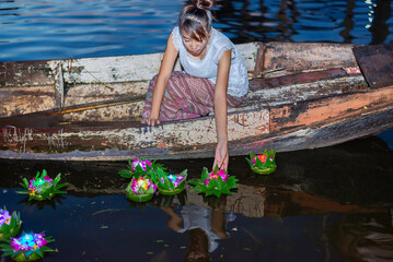 Loy Krathong Traditional Festival, Thai woman hold kratong, Thailand, Asia woman in Thai dress...