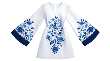 White dress displays blue floral decoration with bell sleeves isolated.