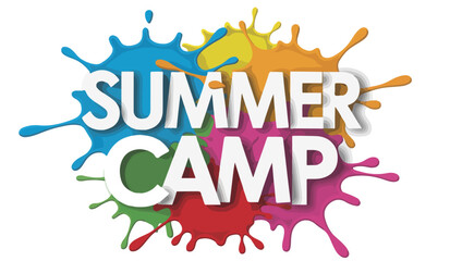 Summer Camp Text Design – Bold White Font with Colorful Paint Splashes for Youth Activities and Seasonal Promotions