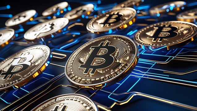 Golden cryptocurrency coins on a glowing blue digital circuit board representing blockchain technology and finance.