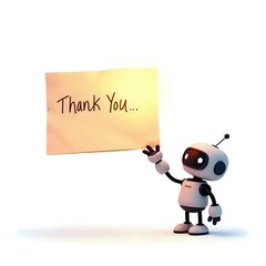 Cheerful robot holding a thank you note