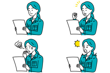 書類を見る作業員の女性　セット