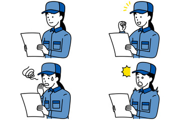 書類を見るつなぎ作業服の女性　セット