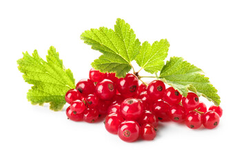 Fresh red currants with leaves on white background