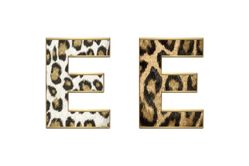 Two capital letters "E" framed in gold, overlaid with leopard print