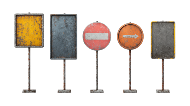 Various rusted old metal road signs are on poles.