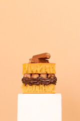 Sweet martabak is a typical Indonesian food, the dough has an original taste and chocolate cream and chocolate biscuit toppings between the two doughs in the middle.