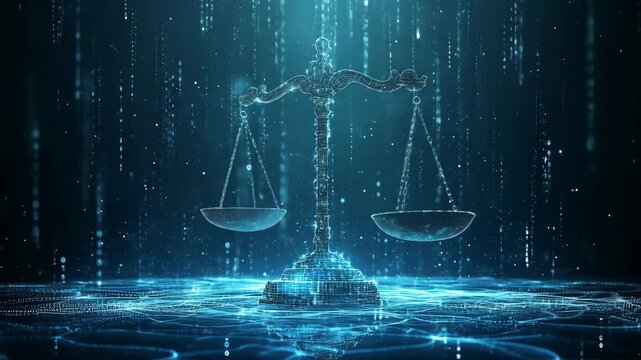 Digital scale of justice glows in a dark, blue, digital space