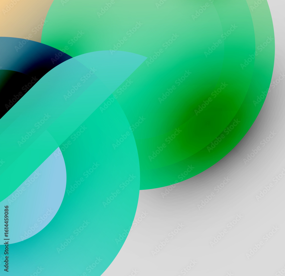 Poster abstract composition. overlapping translucent circles create vibrant green, blue hues. soft gradient