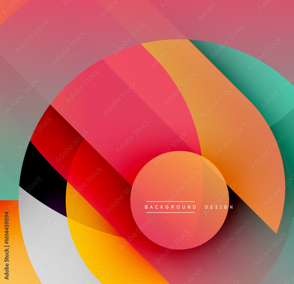 Poster abstract colorful circles overlap creating dynamic visual effect. gradient shades blend smoothly, fo