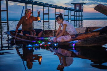 Loy Krathong Traditional Festival, Thai woman hold kratong, Thailand, Asia woman in Thai dress...