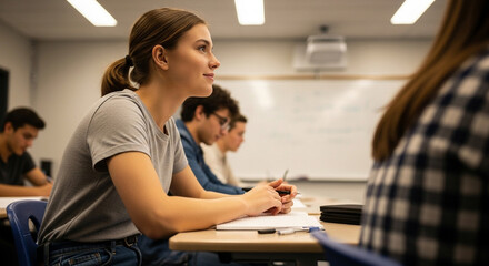 Fototapeta premium Focused Young Woman Student Attentively Listening in a Modern Classroom Lecture.