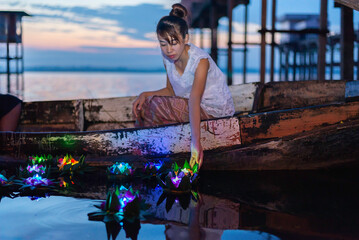 Loy Krathong Traditional Festival, Thai woman hold kratong, Thailand, Asia woman in Thai dress...