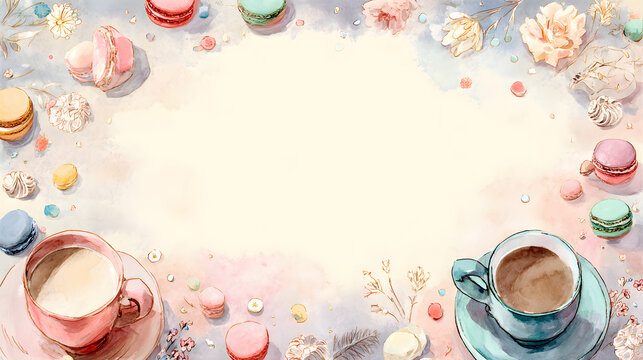 Pastel Macarons Coffee Watercolor Frame.