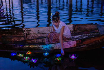 Loy Krathong Traditional Festival, Thai woman hold kratong, Thailand, Asia woman in Thai dress...