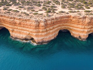 Split-screen nature: bright blue sea meeting ochre cliff edge, aerial coastal contrast, high detail textures