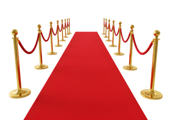 A red carpet with golden stanchions and velvet ropes on each side isolated on white or transparent background. PNG