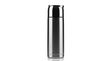 Stainless Steel Travel Thermos Bottle with Black Cap on White Background