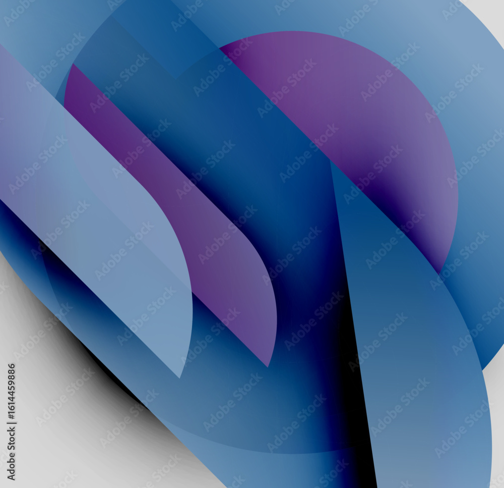 Poster abstract composition. overlapping shapes create dynamic visual effect. blue, purple hues dominate de