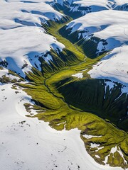 Contrast of snowy terrain and vivid green moss valley from above, nature’s textures, high resolution detail