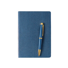 Closed navy blue notebook, gold pen rests atop
