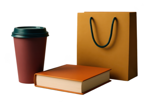 A paper coffee cup, shopping bag, and book arranged on a dark background.