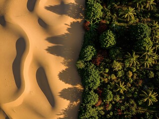 Desert sand dunes meeting a lush tropical plantation, overhead view, strong textural split in nature