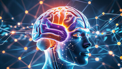 Human brain with glowing neural network connections and digital interface visualization