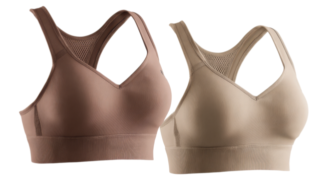 Two sports bras are present in different neutral colors on transparent background.