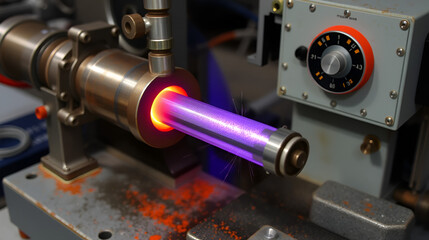 Metal induction hardening machine. Process of quenching metal with a high frequency current. Hardening of the steel shaft.