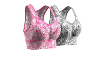 Two Patterned Sports Bras Appear On A Transparent Background