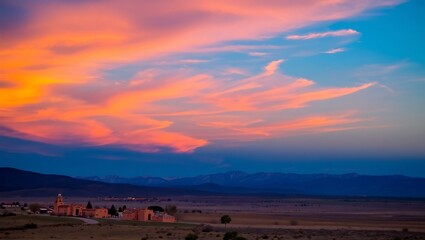 "Stunning Orange and Blue Sunset Over the Fields of Santa Fe, New Mexico"