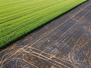 Overhead view of a bright green cornfield bordering a burnt harvested field, fire aftermath, strong contrast in tones